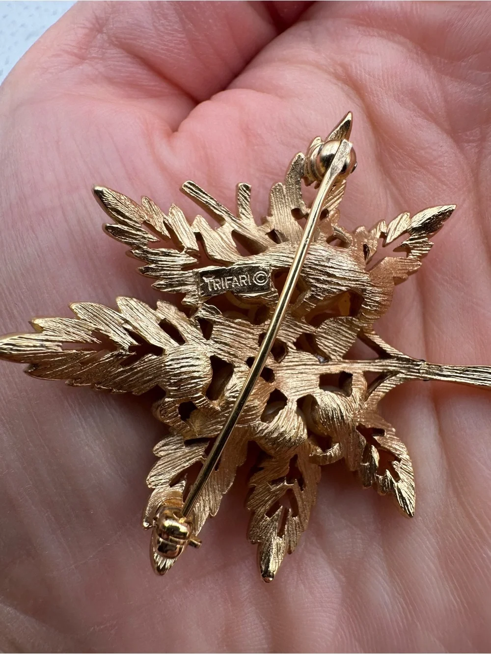Trifari Gold-Tone Pearl Cluster Leaf Brooch with Matching Earrings